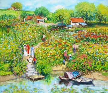 Asian Painting - Flower garden by the river Vietnamese Asian
